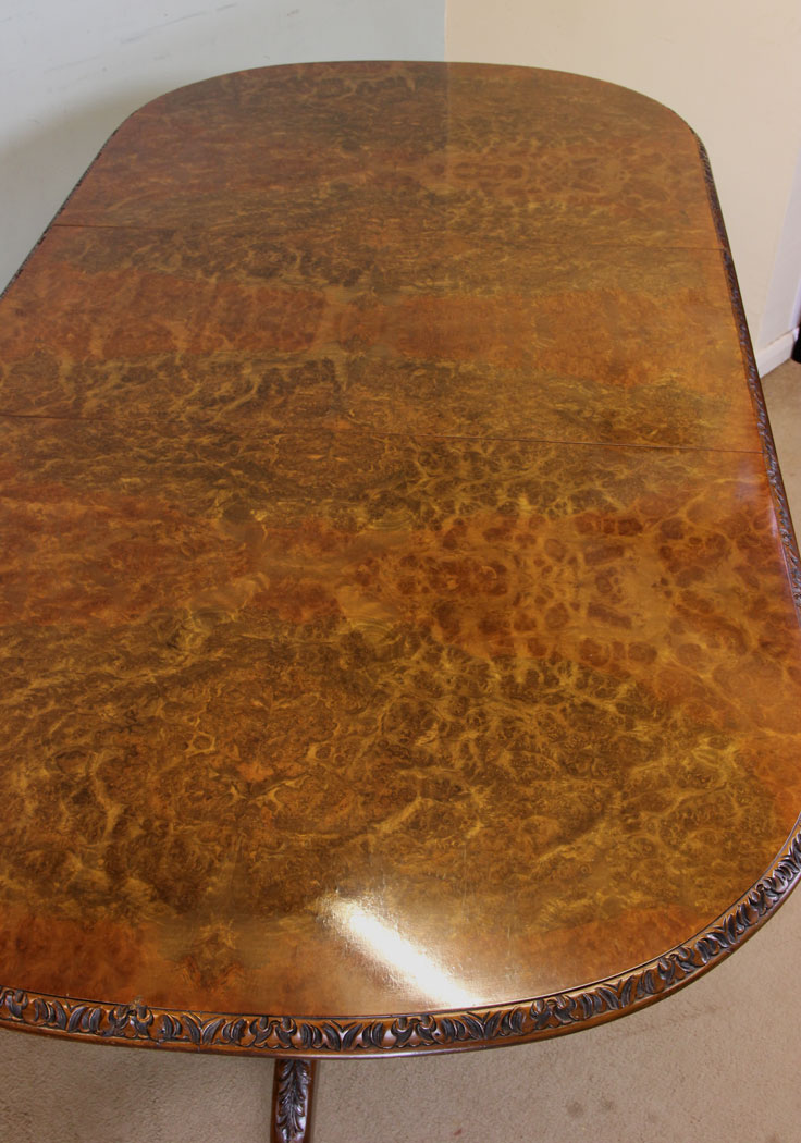 10982r10 Eight Seater Burr Walnut Extending Dining Table, Burr Walnut Twin Pedestal Dining Table