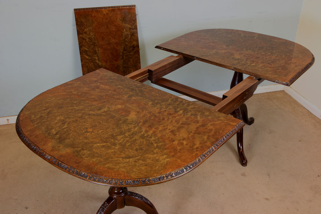 10982r5 20th Century Burr Walnut Extending Dining Table, Burr Walnut Twin Pedestal Dining Table