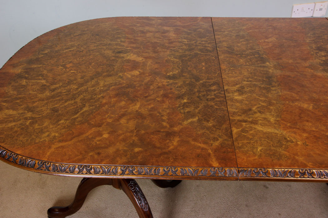 10982r6 Antique Vintage Burr Walnut Extending Dining Table, Burr Walnut Twin Pedestal Dining Table