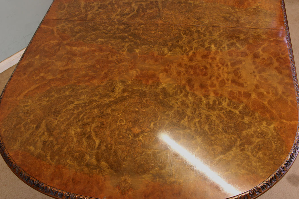 10982r8 Burr Walnut Extending Twin Pedestal Dining Table, Burr Walnut Twin Pedestal Dining Table
