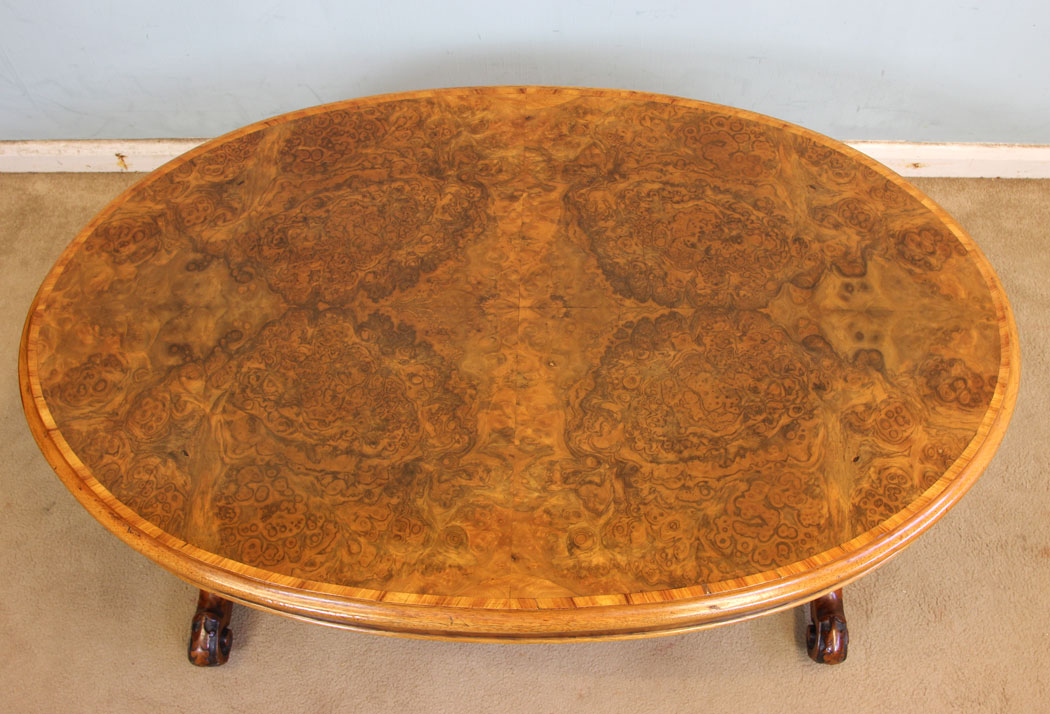 10989r5 Antique Victorian Oval Coffee Table, . Antique Victorian Burr Walnut Coffee Table.