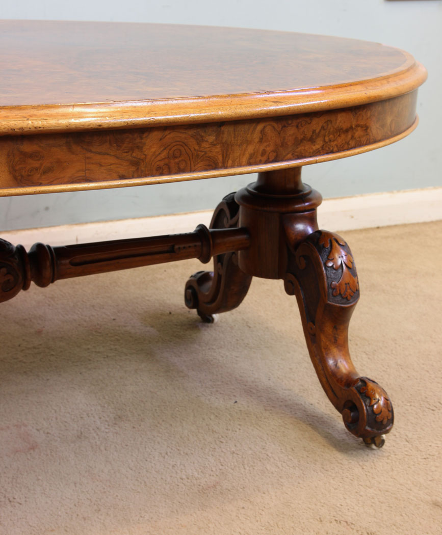 10989r7 Antique Burr Walnut Coffee Table, Antique Victorian Burr Walnut Coffee Table.