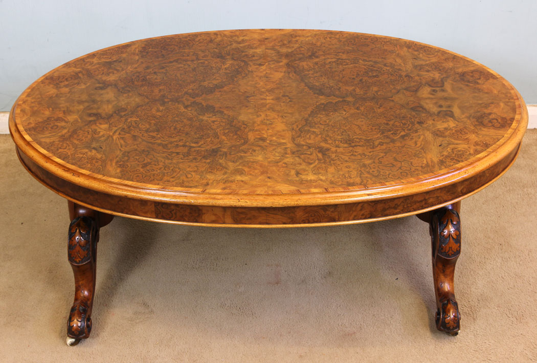 10989r9 Antique Burr Walnut Coffee Table, Antique Victorian Burr Walnut Coffee Table.