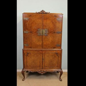 Burr Walnut Queen Anne Style Cocktail Drinks Cabinet.