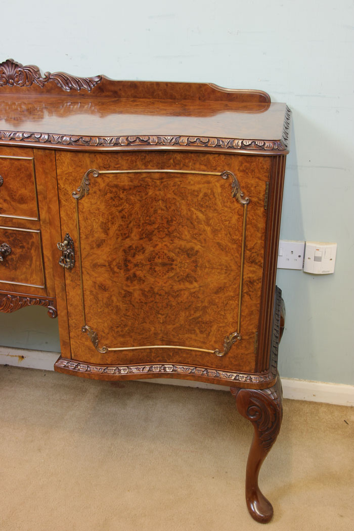 11002r3 Antique Burr Walnut Sideboard, Server, Queen Anne Style Burr Walnut Sideboard