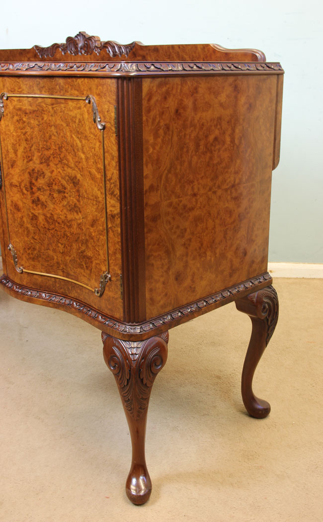 11002r5 Antique Vintage Burr Walnut Sideboard, Queen Anne Style Burr Walnut Sideboard