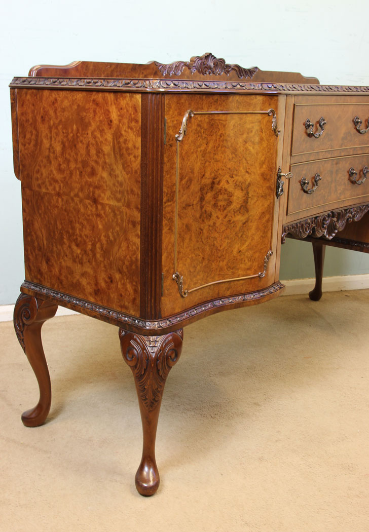 11002r6 Antique Burr Walnut Sideboard, London Queen Anne Style Burr Walnut Sideboard