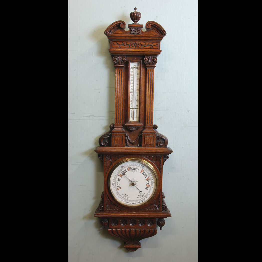 11006r01 Antique Victorian Barometer, Antique Carved Oak Aneroid Barometer