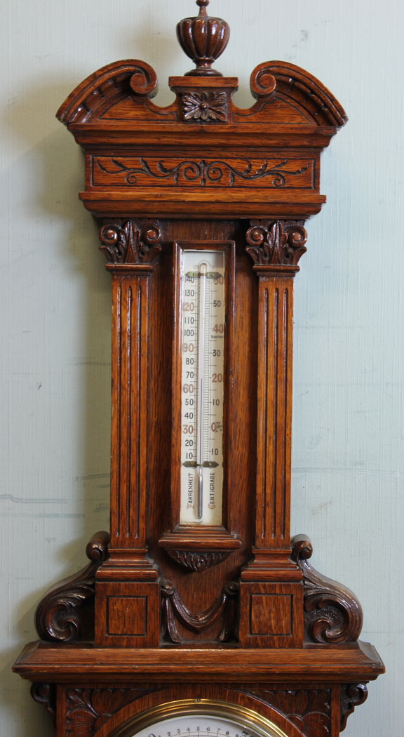 11006r11 Antique Edwardian Victorian Oak Aneroid Barometer,
