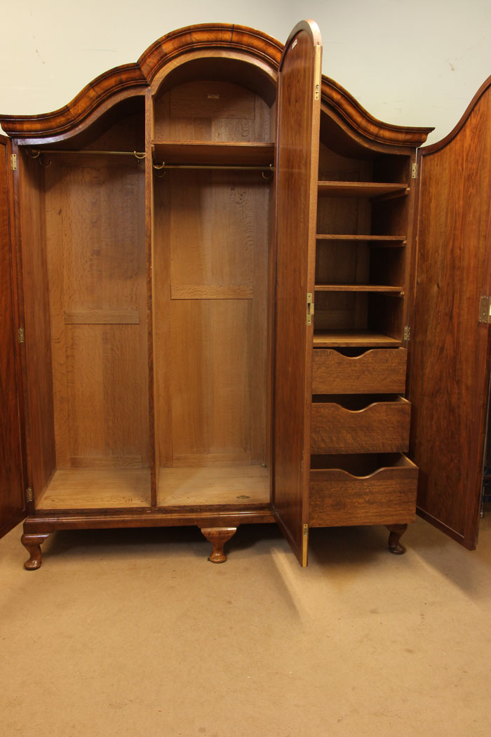 11008r10 Antique Queen Anne Style Wardrobe, London, Antique Burr Walnut Triple Wardrobe