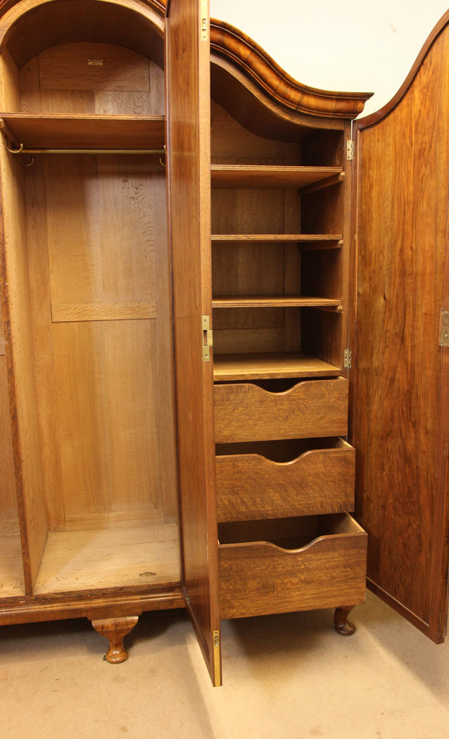 11008r11 Quality Queen Anne Style Wardrobe, Antique Burr Walnut Triple Wardrobe