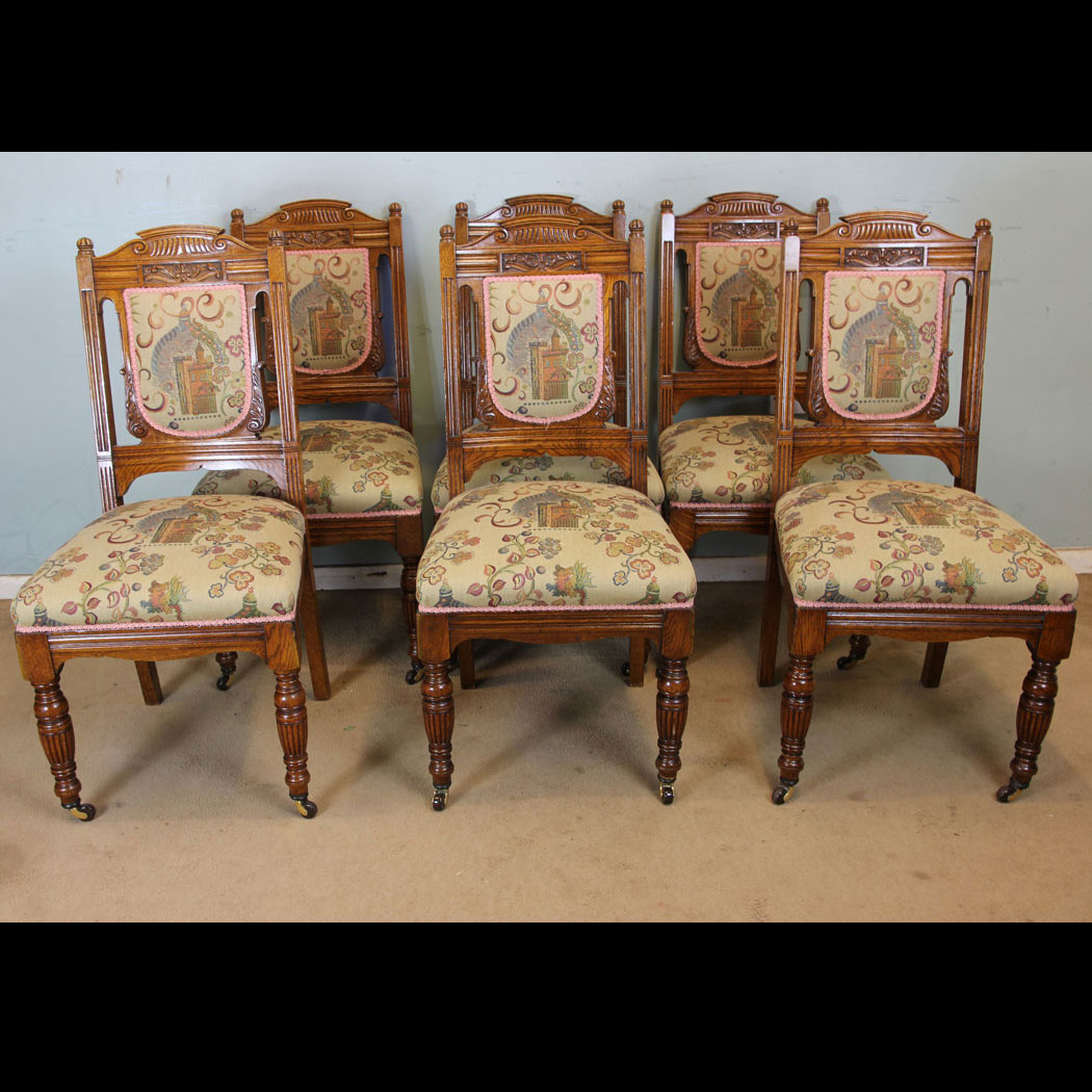11010r01 Antique Set of Six Oak Padded Back Dining Chairs