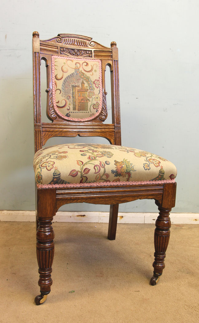 11010r7 Set Six Antique Victorian Oak Dining Chairs, Antique Set of Six Oak Padded Back Dining Chairs