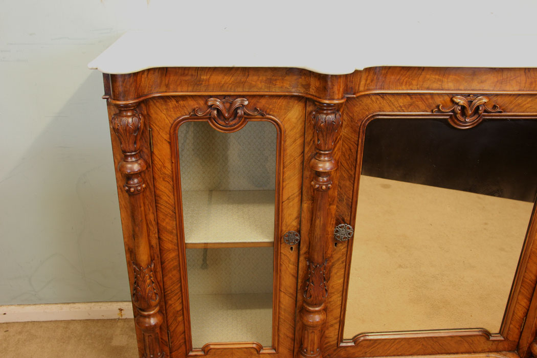 11012r12. Antique Marble Top Credenza, Side Cabinet, Antique Victorian Burr Walnut Credenza Sideboard
