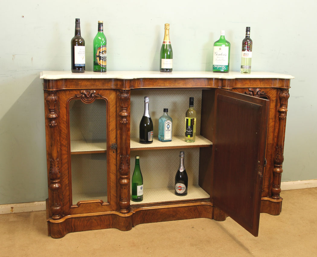 11012r3 Antique Cocktail Drinks Cabinet Victorian Sideboard, Credenza, Antique Victorian Burr Walnut Credenza Sideboard