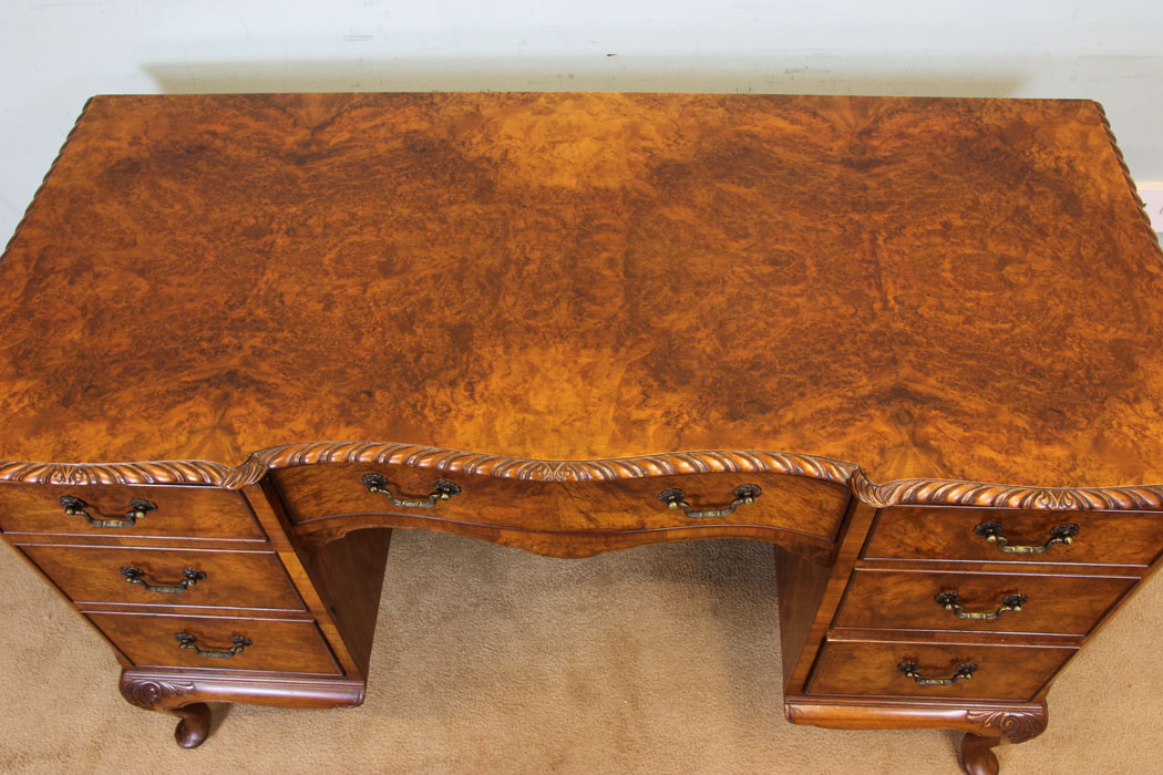 11039r10 Antique Burr Walnut Kneehole Side Table, The Antique Shop, Quality Burr Walnut Dressing Table / Writing Desk
