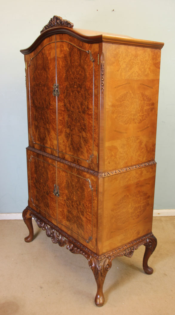 11041r7 Antique Burr Walnut Cocktail Cabinet, Antique Burr Walnut Cocktail Drinks Cabinet