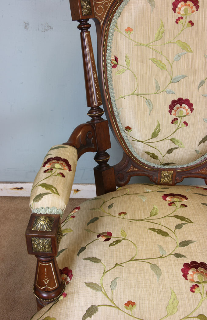 11046r10 Antique Victorian Walnut Gilt Mounts Armchair, Antique Victorian Walnut Open Armchair.