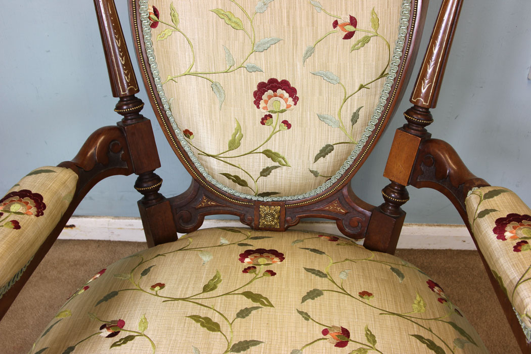 11046r11 Antique Victorian Walnut Gilt Mounts Open Armchair, Antique Victorian Walnut Open Armchair.