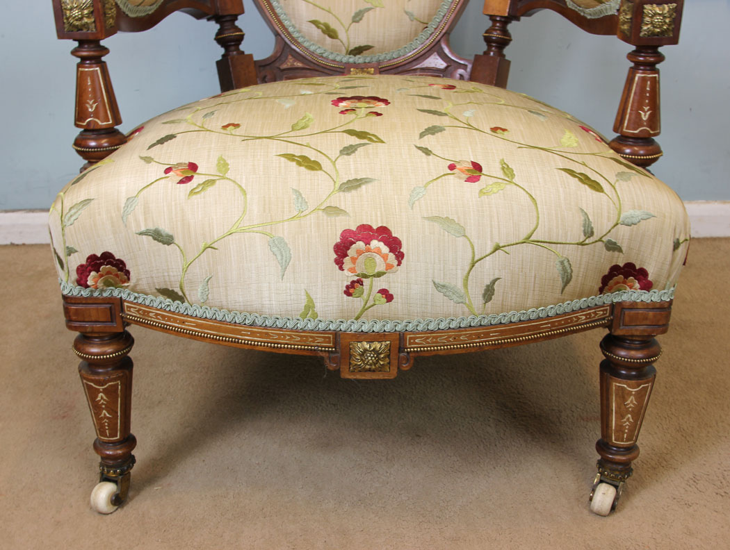 11046r6 Antique Victorian Walnut Inlaid Armchair, Antique Victorian Walnut Open Armchair.