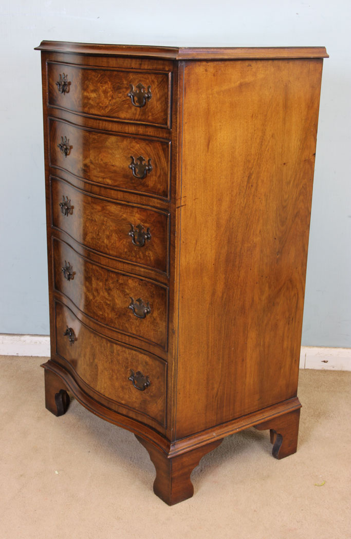 11048r3 Antique Burr Walnut Chest of Drawers, Burr Walnut Small Serpentine Front Chest of Drawers