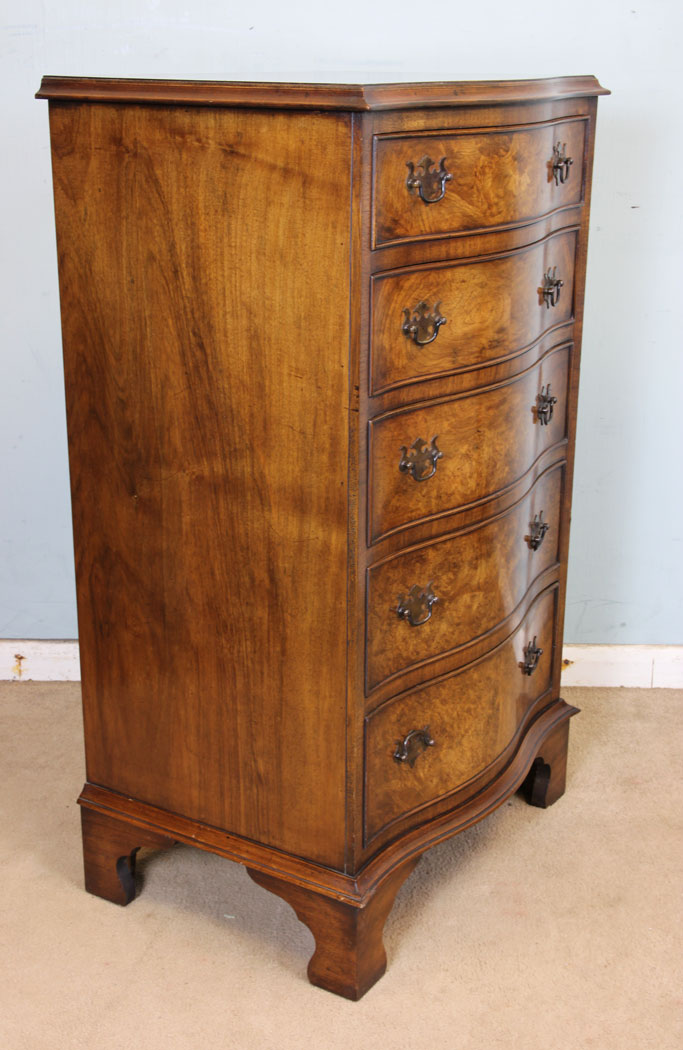 11048r4 Antique Walnut Chest of Drawers, Burr Walnut Small Serpentine Front Chest of Drawers