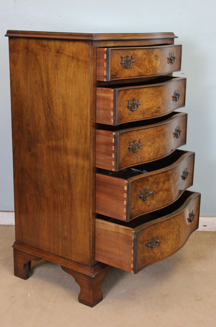 11048r9 Antique Vintage Burr Walnut Chest of Drawers, Burr Walnut Small Serpentine Front Chest of Drawers