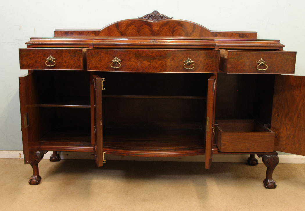 11049r13 Antique Burr Walnut Sideboard, Lincolnshire, Antique Bow Fronted Burr Walnut Sideboard