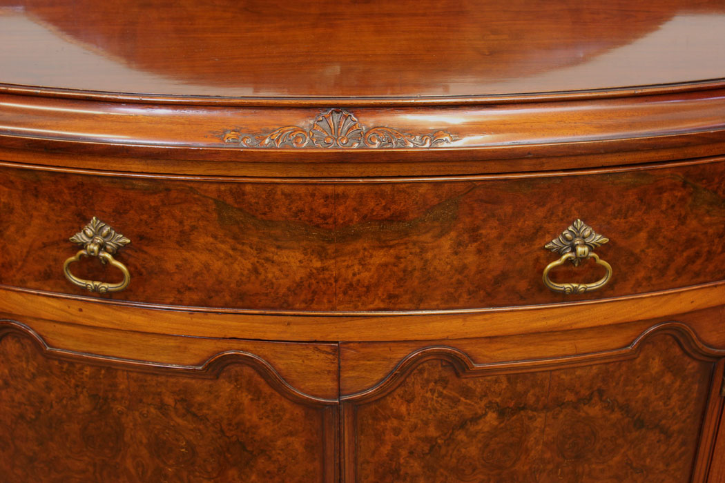 11049r17 Antique Burr Walnut Sideboard, Antique Bow Fronted Burr Walnut Sideboard