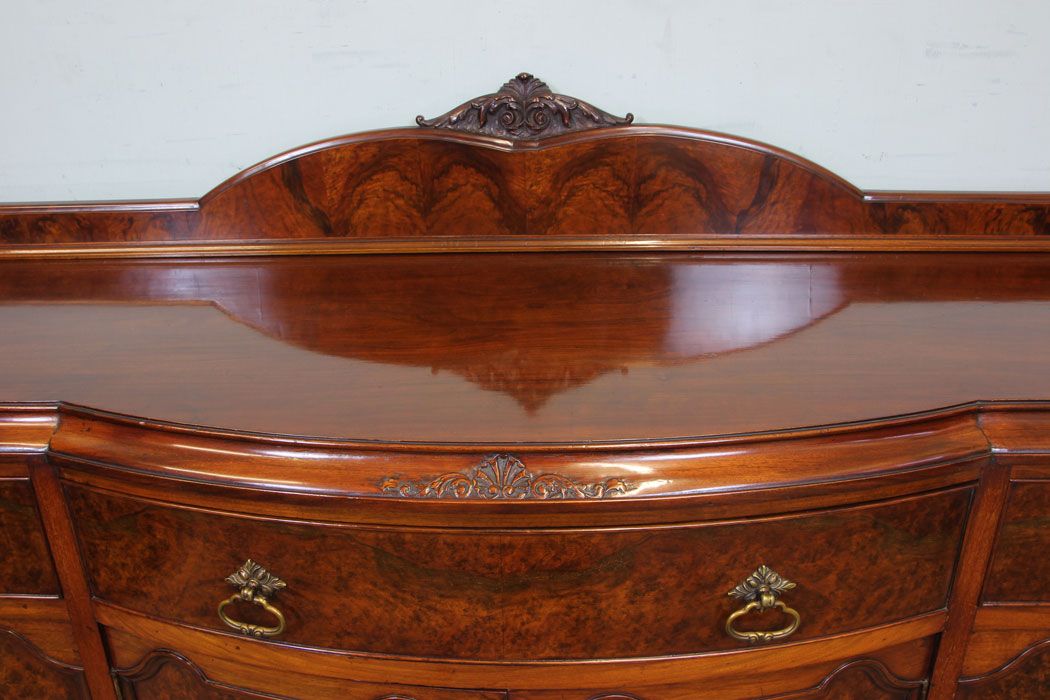 11049r3 Large Antique Burr Walnut Sideboard, Antique Bow Fronted Burr Walnut Sideboard