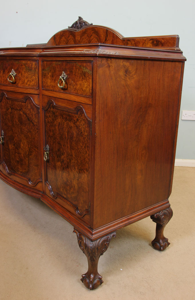 11049r8 Antique Burr Walnut Sideboard, London Antique Bow Fronted Burr Walnut Sideboard
