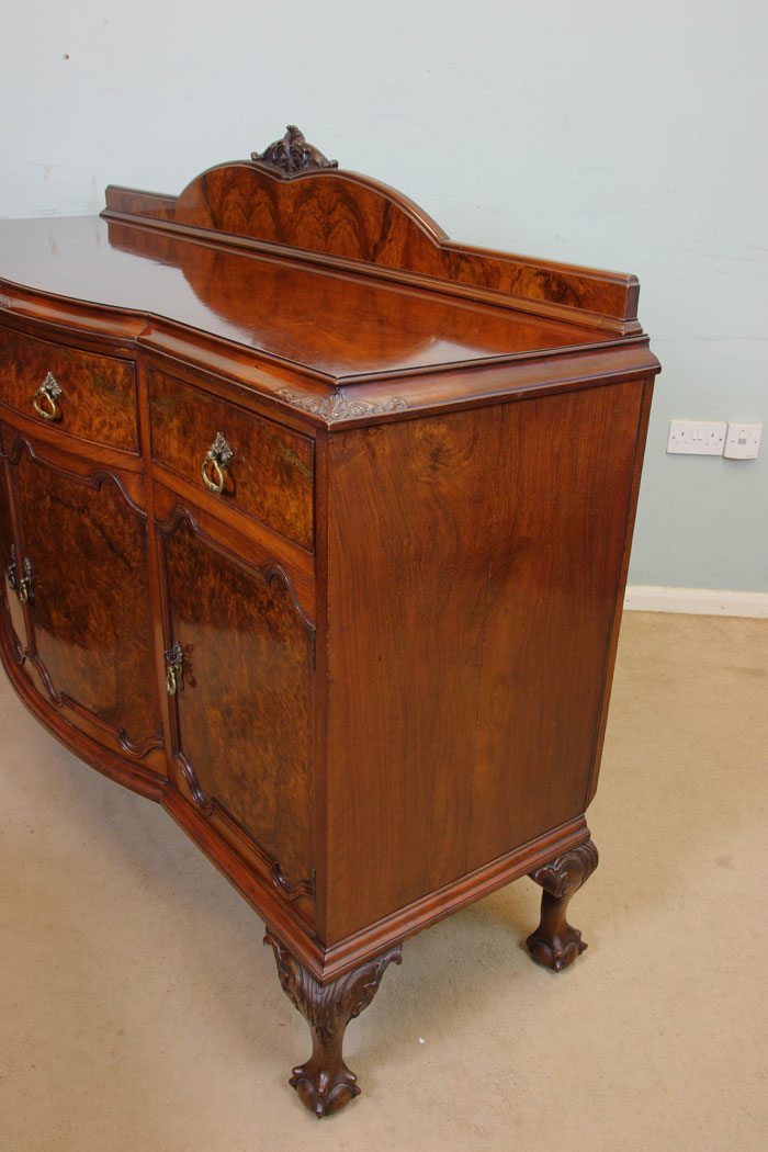 11049r9 Antique Burr Walnut Sideboard, Norfolk, Antique Bow Fronted Burr Walnut Sideboard