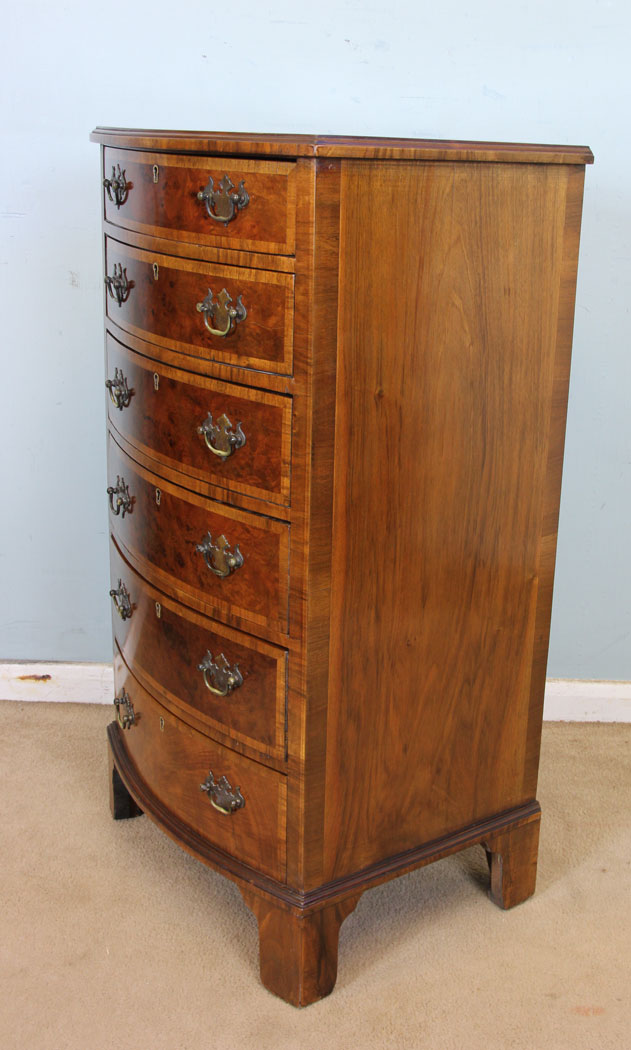 11018r5 Antique Burr Walnut Chest of Drawers, London, Burr Walnut Bow Front Small Chest of Drawers.