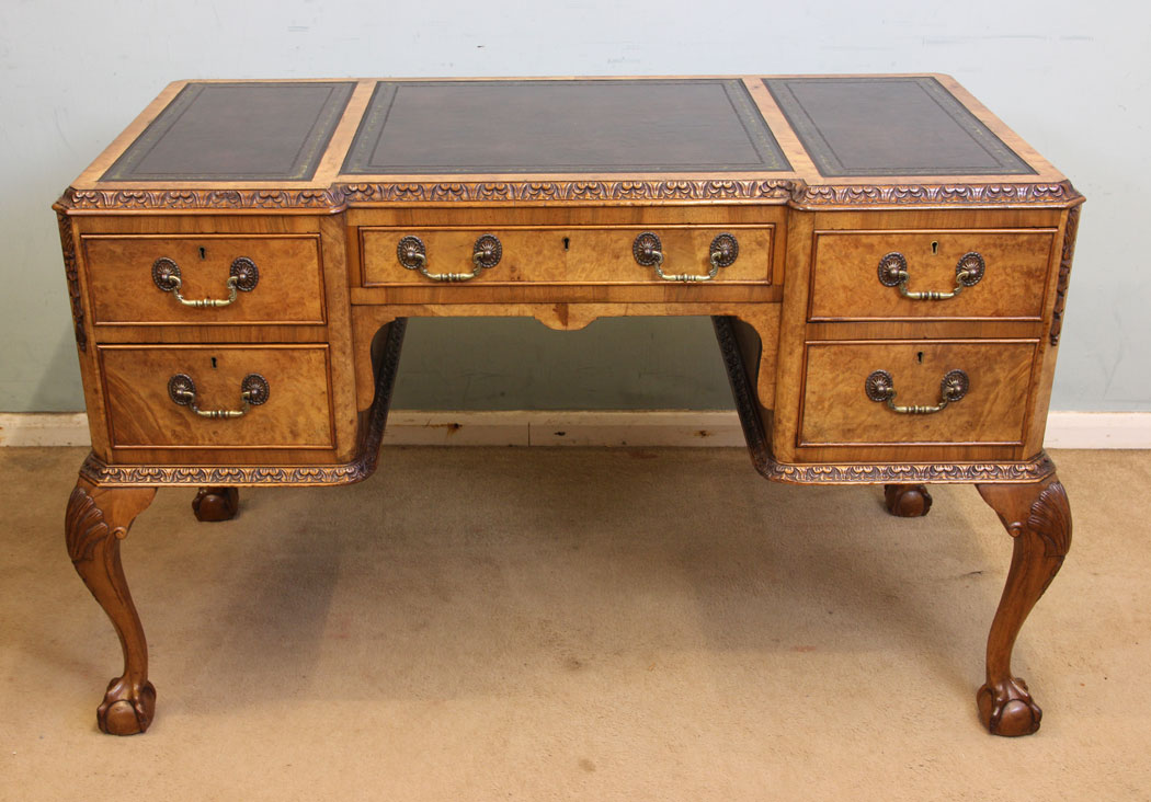 11021r2 Antique Burr Walnut Desk, The Antique Shop, Queen Anne Style Burr Walnut Writing Desk