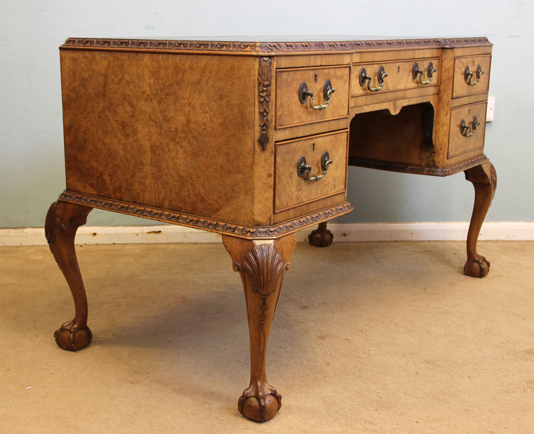 11021r4 Antique Burr Walnut Writing Desk, Queen Anne Style Burr Walnut Writing Desk