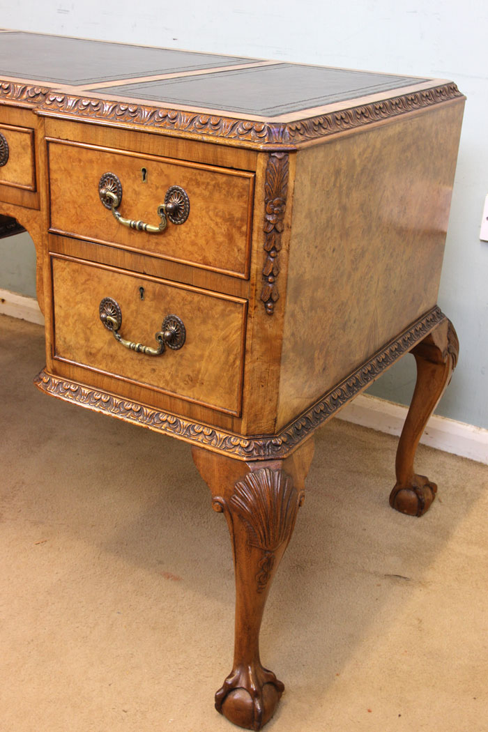 11021r5 Antique Ladies Burr Walnut Desk, Queen Anne Style Burr Walnut Writing Desk