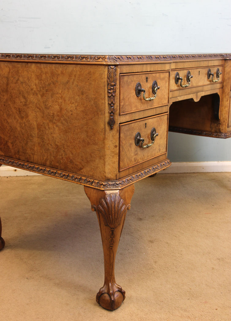 11021r8 Antique Ladies Burr Walnut Writing Desk, Queen Anne Style Burr Walnut Writing Desk