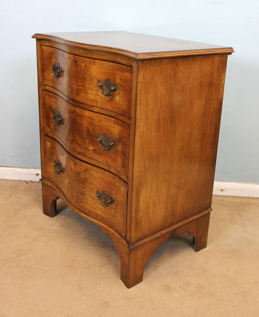 11023r4 Serpentine Antique Burr Walnut Chest of Drawers, Antique Figured Walnut Small Chest of Drawers