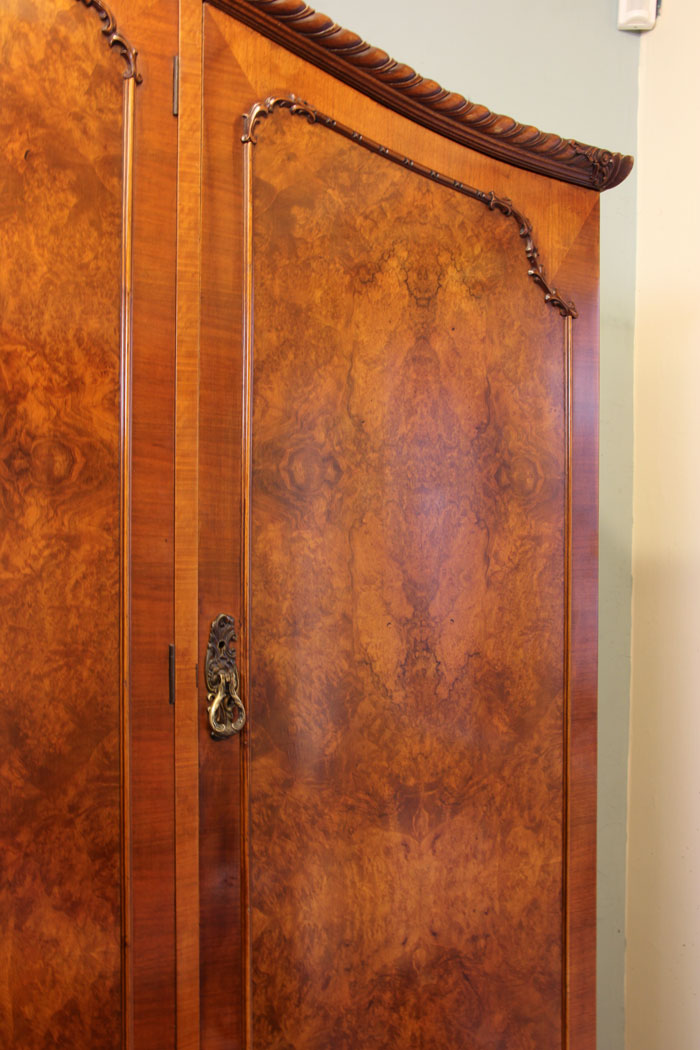 11052r7 Antique Triple Burr Walnut Wardrobe, Quality Burr Walnut Triple Wardrobe
