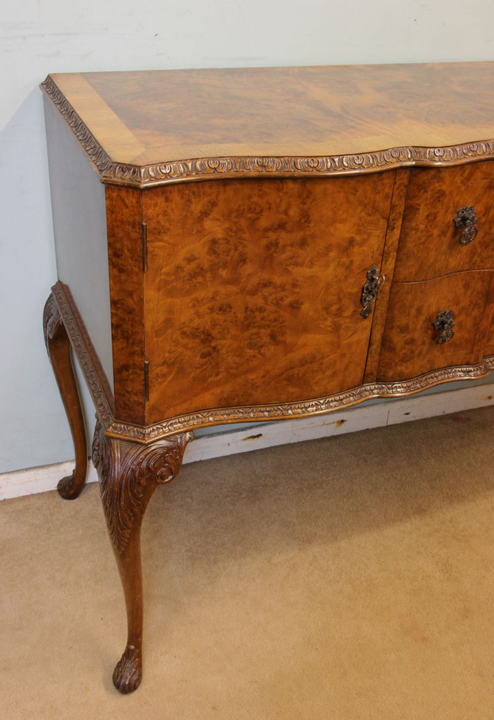 11054r4 Antique Burr Walnut Chiffonier Sideboard, Burr Walnut Serpentine Queen Anne Style Shaped Front Sideboard
