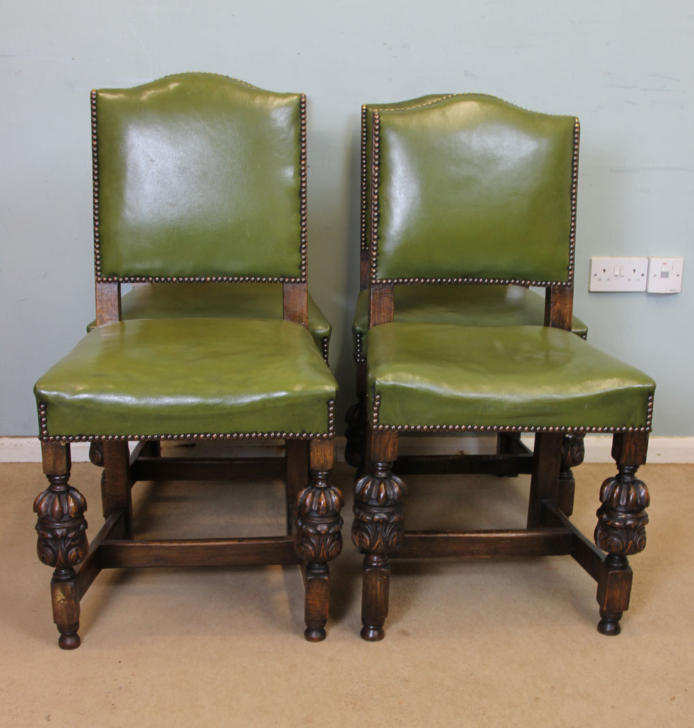 11059r2 Antique Four Carved Oak Chairs, Four Padded Back Country Oak Dining Chairs