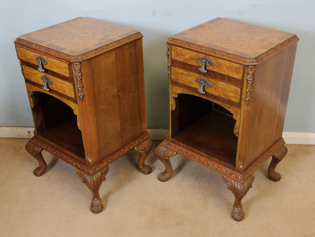 11060r2 Pair Antique Burr Walnut Bedside Tables, Pair Burr Walnut Bedside Cabinets
