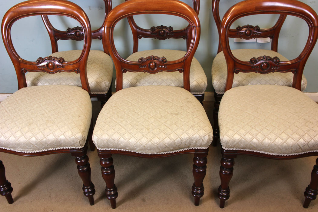 11061r2 Set Six Antique Victorian Dining Chairs, Antique Set of Six Victorian Mahogany Balloon Back Dining Chairs
