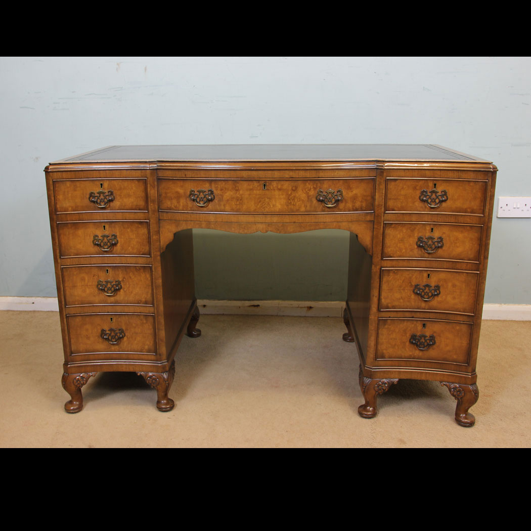 11066r01 Antique Walnut Writing Desk, Shaped Burr Walnut Kneehole Writing Desk