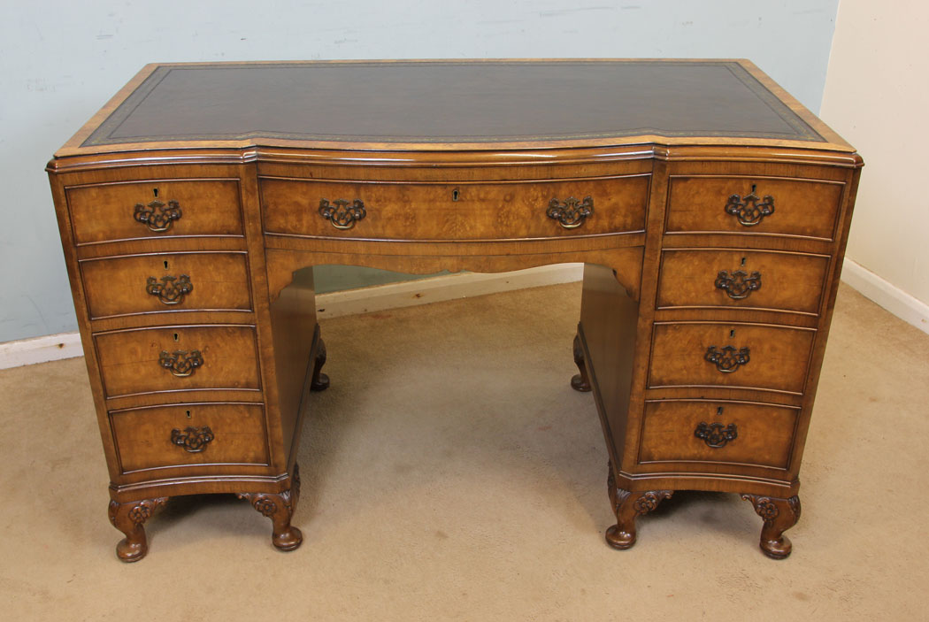 11066r10 Antique Walnut Writing Desk, Shaped Burr Walnut Kneehole Writing Desk.