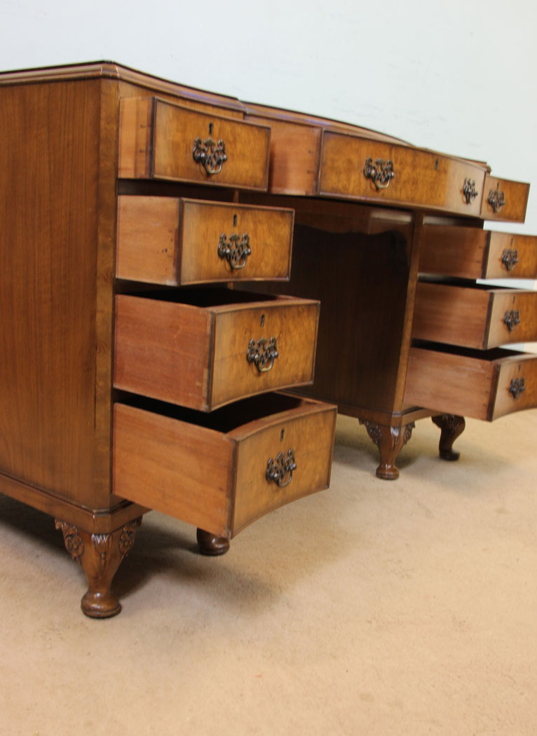 11066r11 Antique Walnut Writing Desk, Shaped Burr Walnut Kneehole Writing Desk.