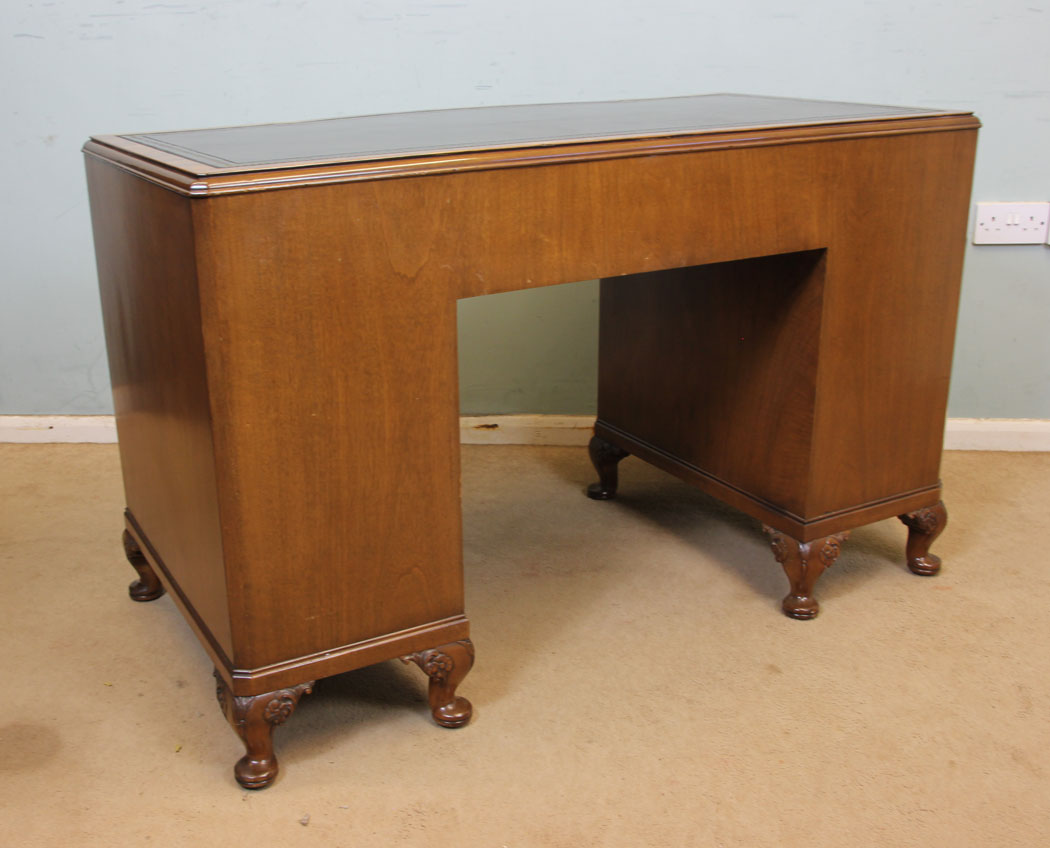 11066r12 Antique Walnut Writing Desk, Shaped Burr Walnut Kneehole Writing Desk.