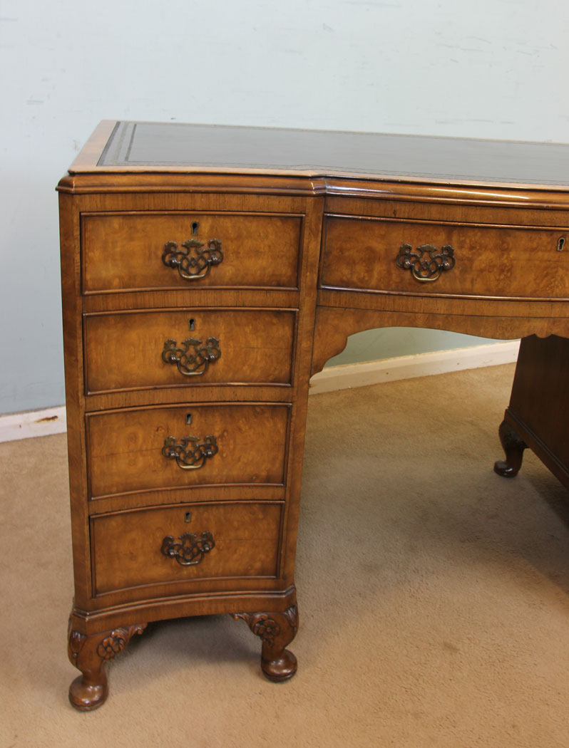11066r13 Antique Walnut Writing Desk, Shaped Burr Walnut Kneehole Writing Desk.