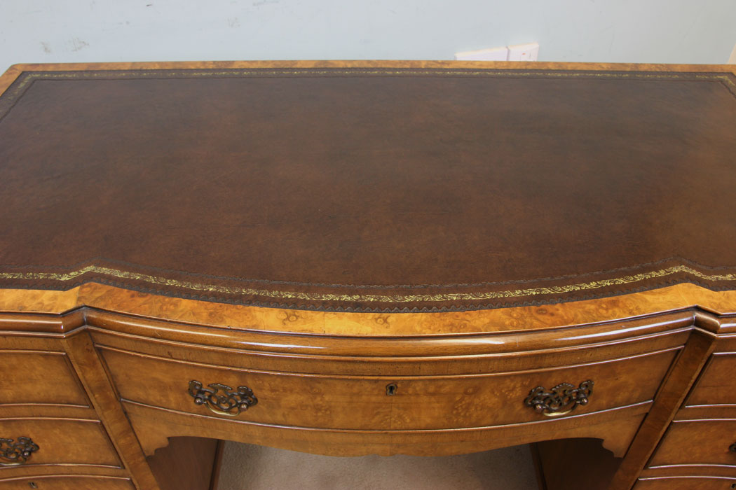 11066r14 Antique Walnut Writing Desk, Shaped Burr Walnut Kneehole Writing Desk.