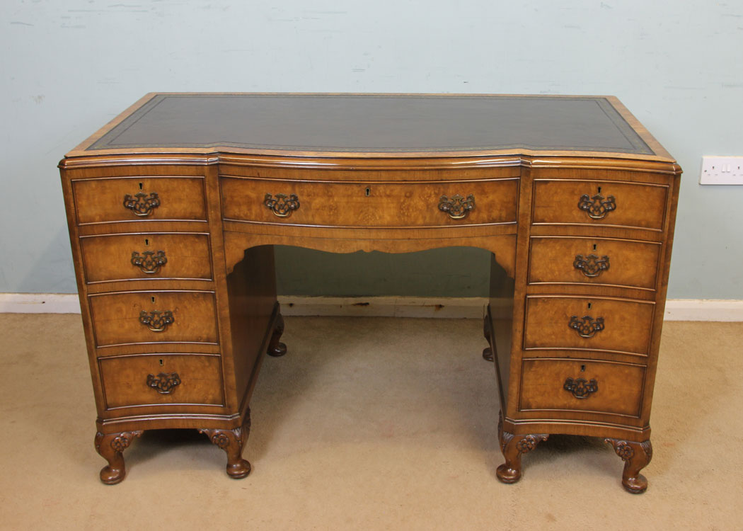 11066r3 Antique Burr Walnut Writing Desk, Shaped Burr Walnut Kneehole Writing Desk.